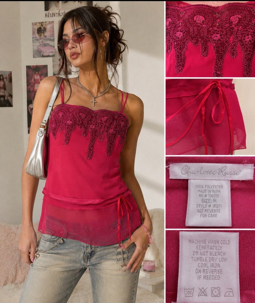 Y2K Layering Charlotte Russe Women's Sheer Lace Trim Cami Tank Size M Hot Pink